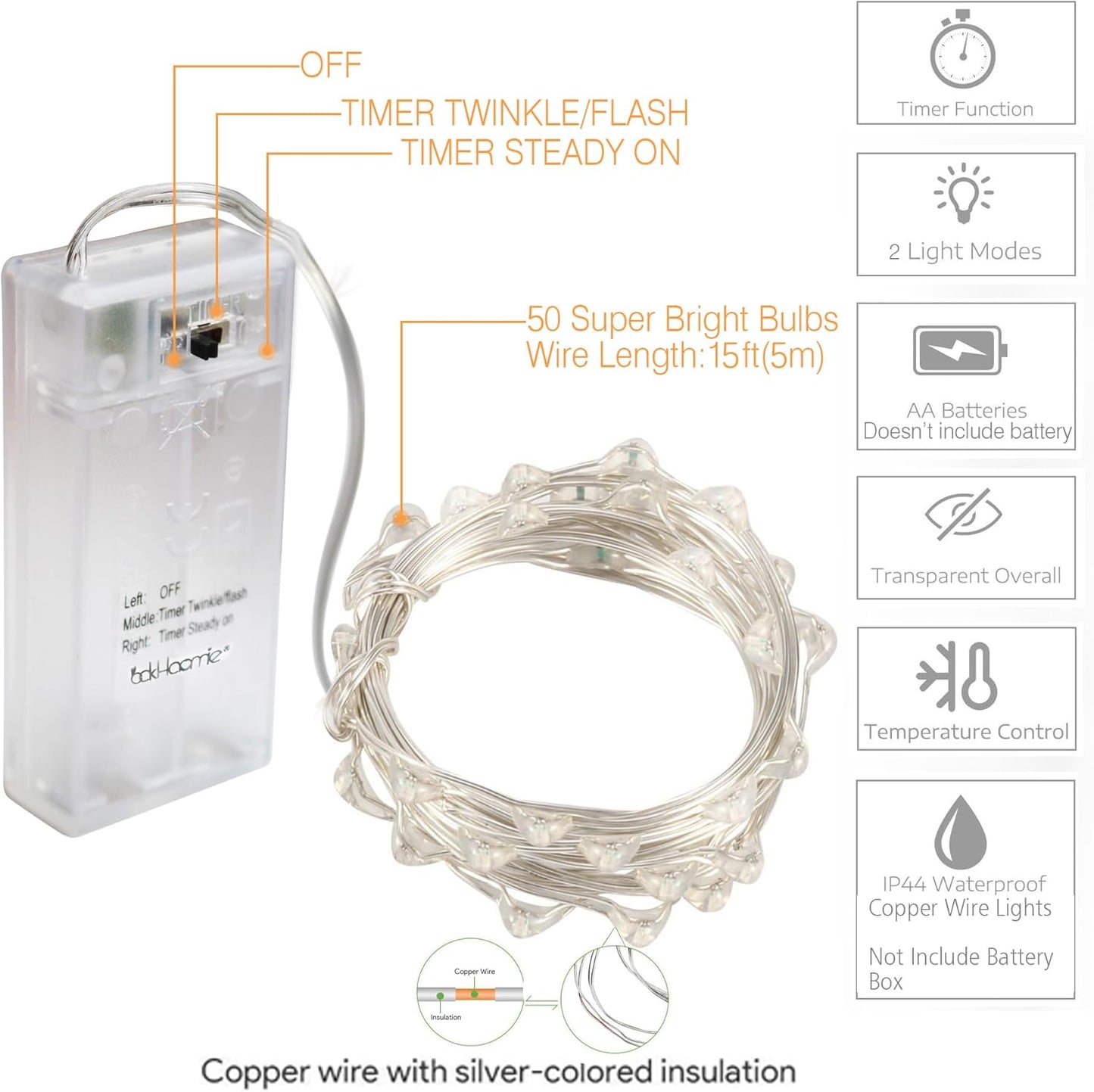 Oakhaomie LED Fairy Lights - 16ft 50 LED Twinkle String Lights with Timer | Waterproof for Indoor Decor