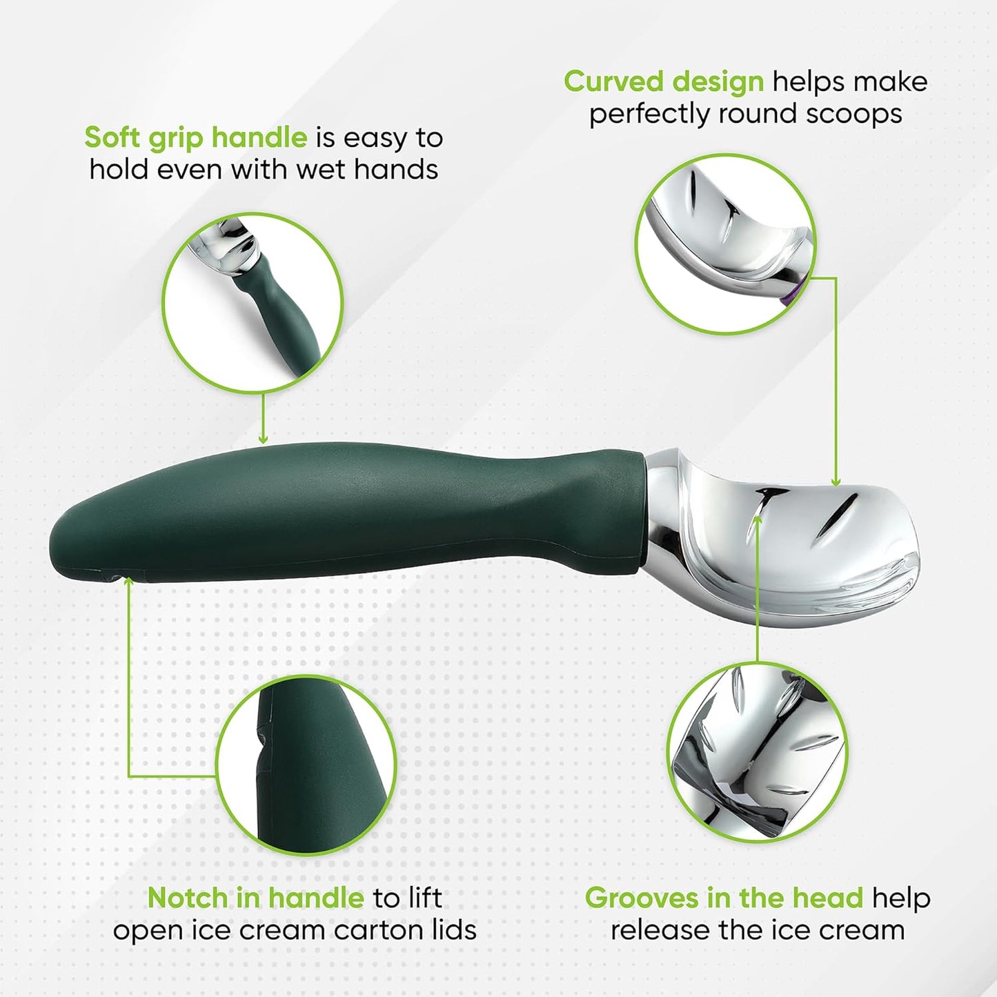 Spring Chef Ice Cream Scoop - Heavy Duty Soft Grip Handle for Cookie Dough & Gelato | Pine Green