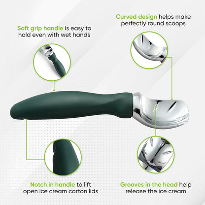 Spring Chef Ice Cream Scoop - Heavy Duty Soft Grip Handle for Gelato, Sorbet & More - Pine Green