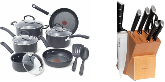 T-fal 20 Piece Set Ultimate Hard Anodized Nonstick Cookware Set With Ice Force Stainless Steel Kitchen Knife Set and Wood Block