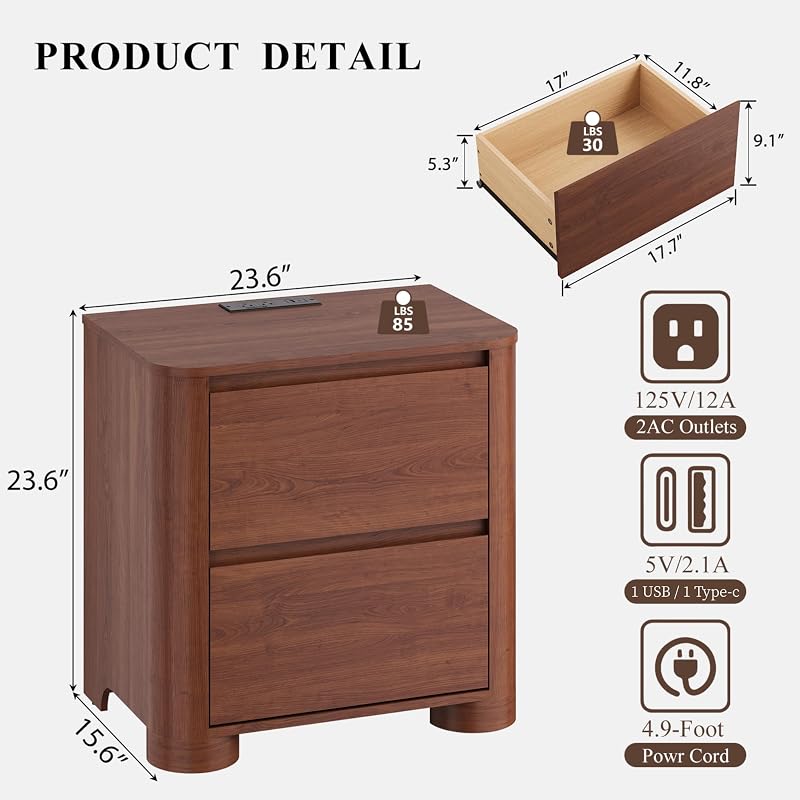 Walnut Nightstand with Charging Station, 2 Drawers, 23.6" W x 23.6" H