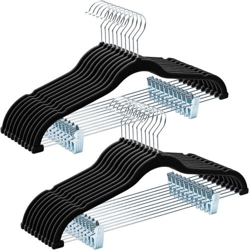 HOUSE DAY Velvet Hangers - Adjustable Clips & 360° Hook | Heavy-Duty Non-Slip Suit Organizer (20 Pack, Black)