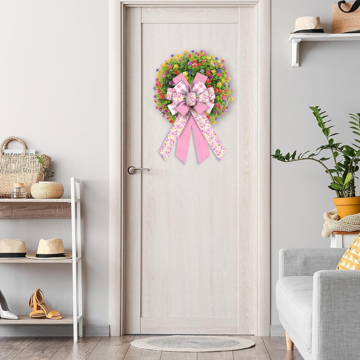 ABTOLS Large Spring Wreath Bows - Pink Butterfly & White Buffalo Plaid Decor for Indoor/Outdoor Use