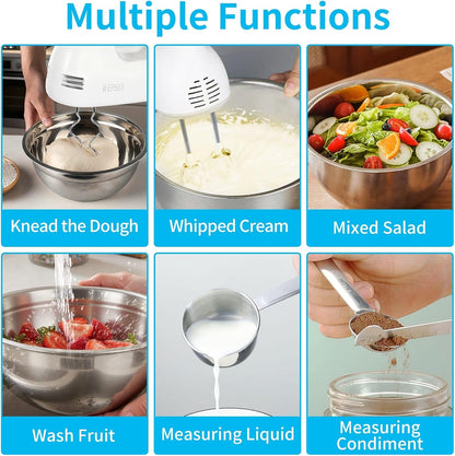 Skiennix Electric Hand Mixer - 5-Speed Handheld Mixer with 4 Stainless Steel Bowls & Measuring Cups | 200W Baking Essential