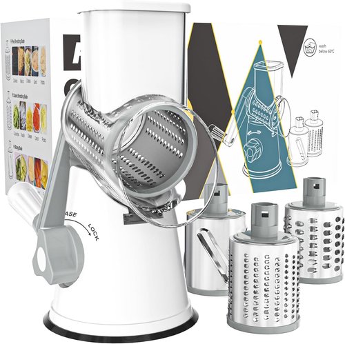 Cambom Rotary Cheese Grater - Hand Crank Shredder for Fresh Cheese, Vegetables & Nuts | Non-Slip Base, White