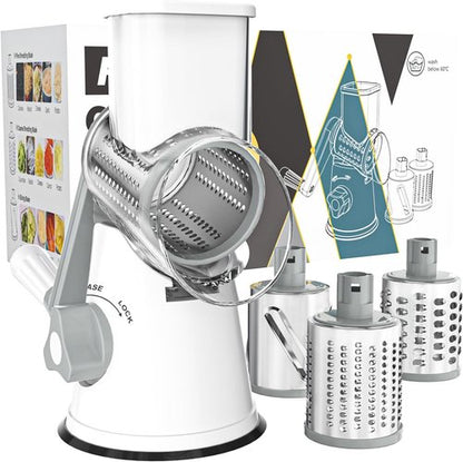 Cambom Rotary Cheese Grater - Hand Crank Shredder for Fresh Cheese, Vegetables & Nuts | Non-Slip Base, White