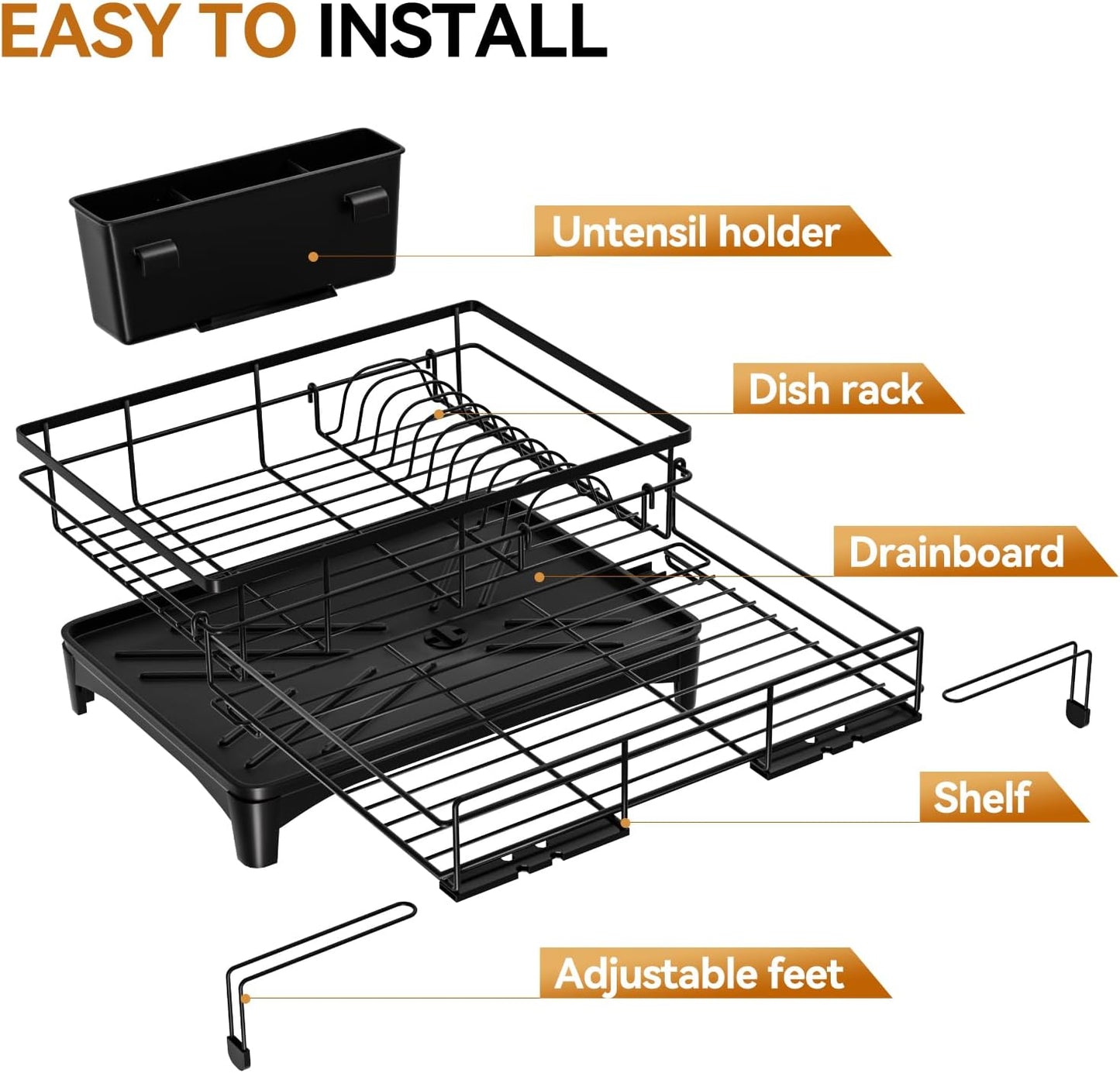 Skiennix Dish Drying Rack - Expandable, Large Capacity Kitchen Drainer with Utensil Holder, Black