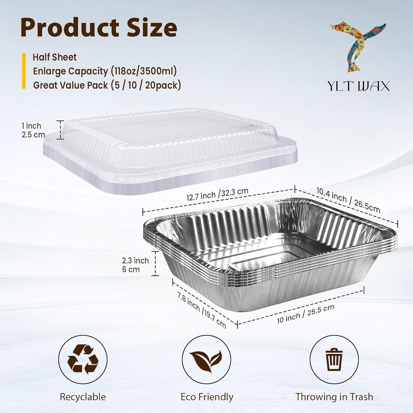 YLT WAX Aluminum Pans - 9x13 Disposable Foil Containers with Lids | 20 Pack Heavy Duty for Baking & Cooking