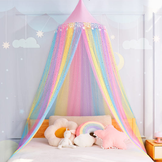 MOOZHEALTH Rainbow Bed Canopy for Girls,Shiny Kids Princess Round Dome Bed Curtain with Star Moon Glitter,Kids Crib Canopy Play Tent Canopy Dreamy Bed Netting for Girls