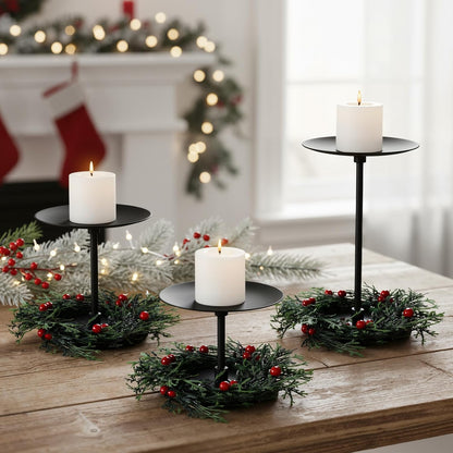 Baderke Christmas Candle Holders Set - 3 Sizes with Artificial Wreath & Red Berry Pine Garland Decor