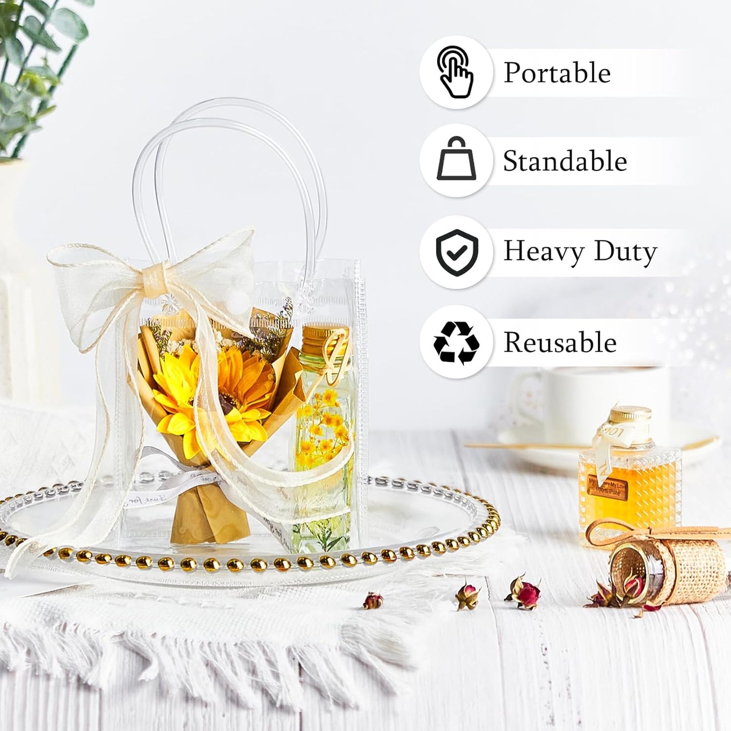 Ohuimrt 50 PCS Clear Plastic Gift Bags with Handles, 5.9 x 4.92 x 2.75 Inches Reusable Party Favor Bags with Ribbon Transparent Gift Wrap Bags Bulk for Weddings Birthdays