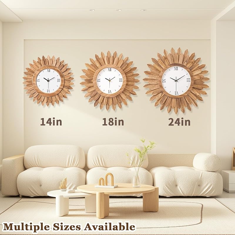 18 Inch Large Wall Clock - Silent Battery Operated Boho Sunburst Rustic Wood with Roman Numerals - Variation: Rustic Brown+18 inch
