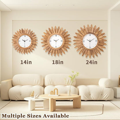 18 Inch Large Wall Clock - Silent Battery Operated Boho Sunburst Rustic Wood with Roman Numerals - Variation: Rustic Brown+18 inch