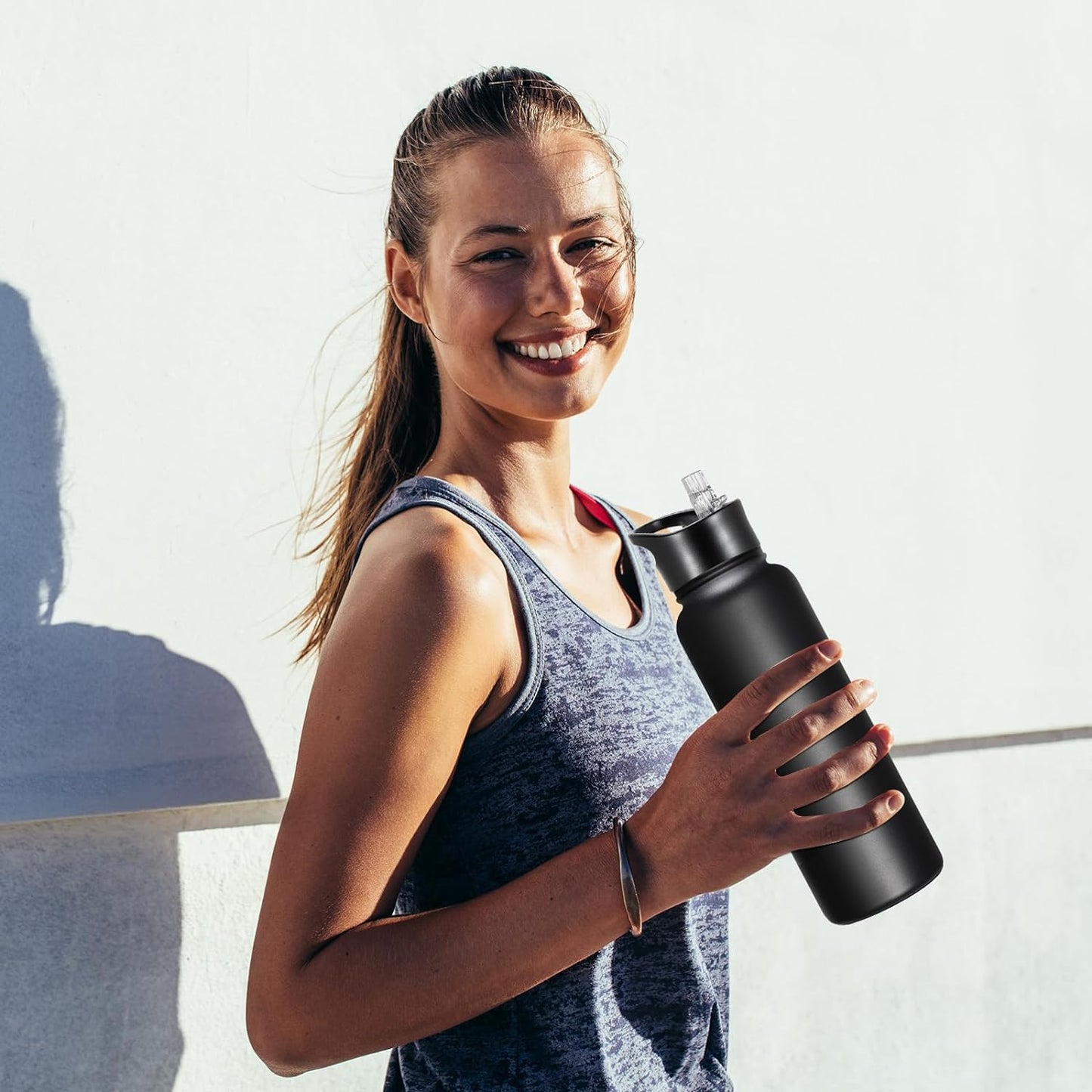 Skiennix 40 Oz Insulated Water Bottle - Stainless Steel, Double Wall, Leakproof | Black with Straw & Wide Mouth Lid