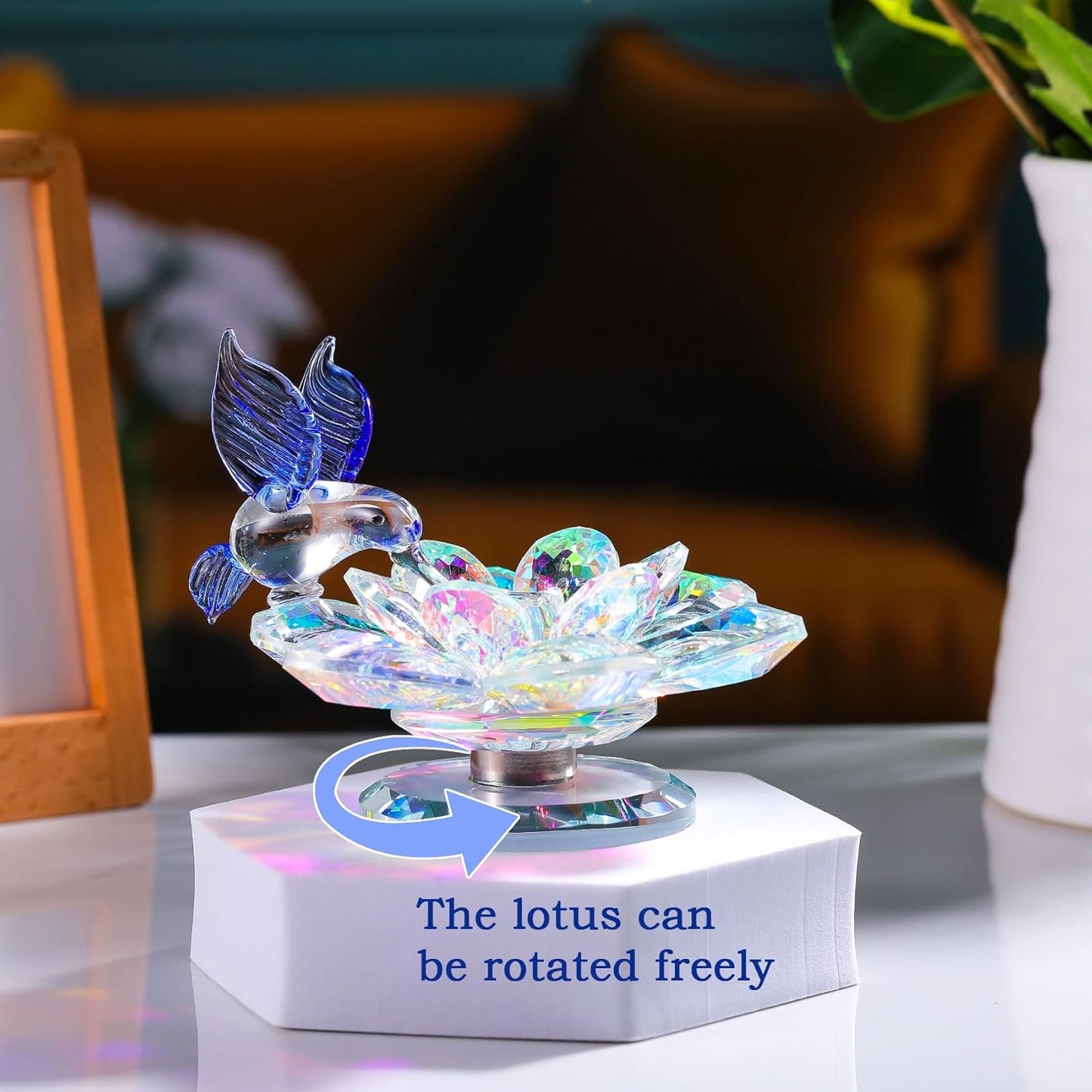 Movdyka Crystal Figurine - Blue Hummingbird Lotus Flower Decor | Sparkling Glass Ornament for Home