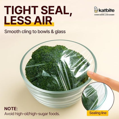 Katbite Plastic Wrap - 12 Inch x 1200 Ft Clear Food Service Film Roll with Removable Cutter for Easy Use