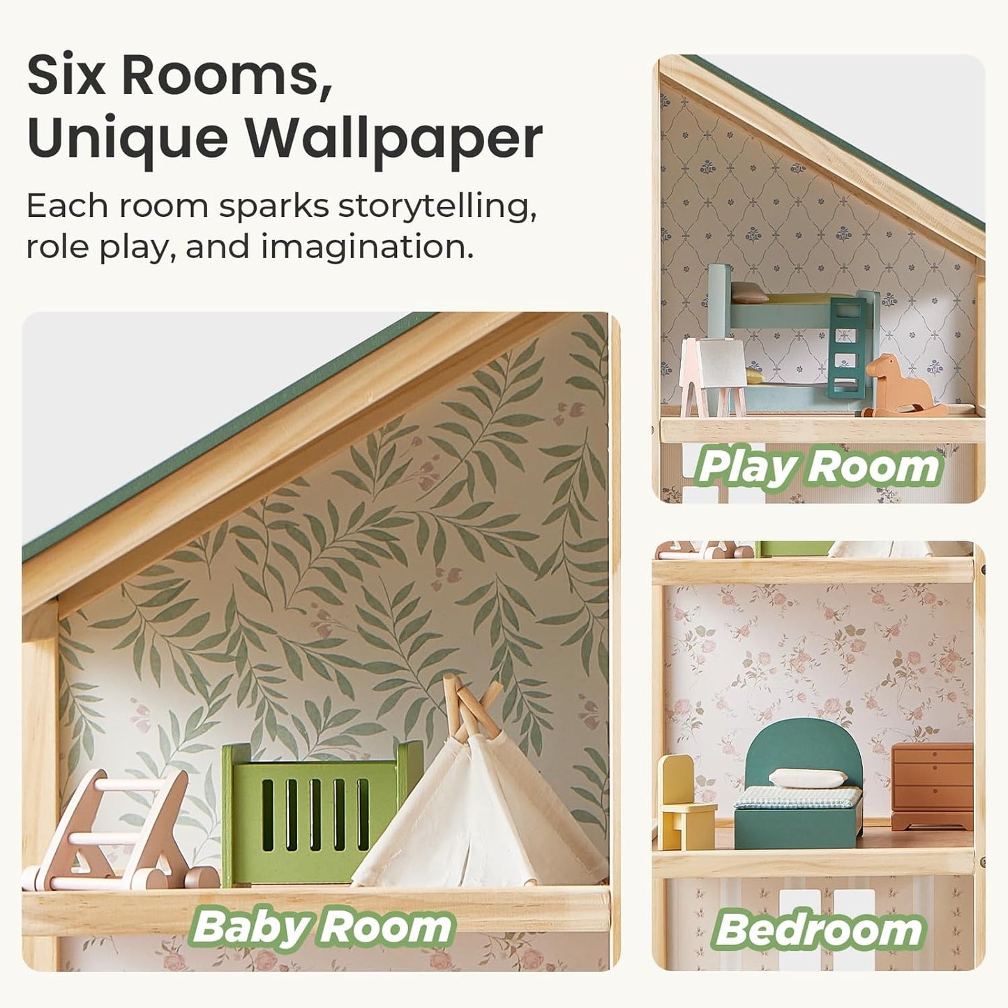 Tiny Land Wooden Dollhouse - 6 Rooms DIY Pretend Play House with 31 Furniture Pieces | Green Gift for Girls Ages 3+