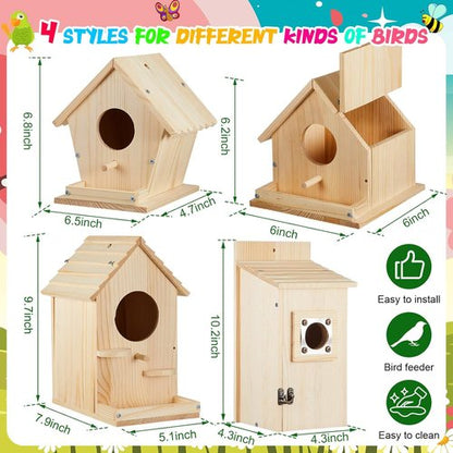 Liliful DIY Wooden Birdhouse Kit - 4 Pack Arts & Crafts Set with Paint & Brushes | Perfect for All Ages