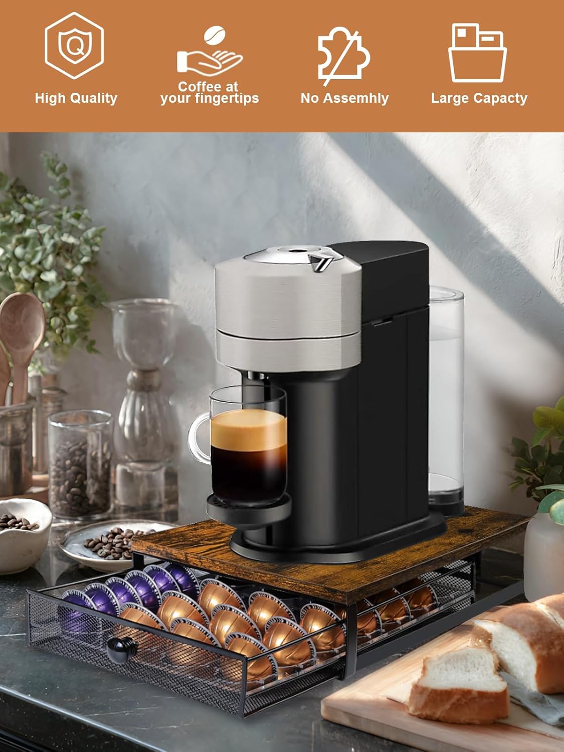 Sedegn Coffee Pod Holder - Vertuo Capsules Storage Organizer with Sliding Drawer | Holds 56 Small or 28 Big Pods - Rustic Brown