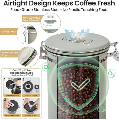 Veken Coffee Canister - 39oz Airtight Stainless Steel Storage for 2.2lbs Coffee, Sugar, Tea | Green with Date Tracker & Scoop