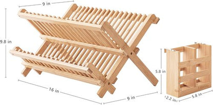 HBlife Bamboo Dish Rack - 2-Tier Collapsible Drainer with Utensil Holder Set | Space-Saving Design