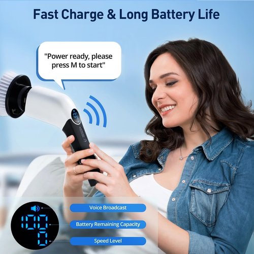 Electric Spin Scrubber, Cordless Cleaning Brush with 8 Replaceable Brush Heads, Shower Cleaning Brush, Power Scrubber with 3 Adjustable Speeds,Adjustable & Detachable Long Handle,Voice Prompt