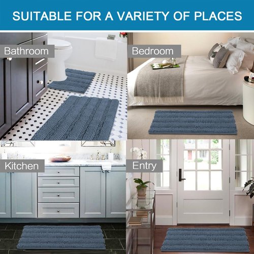 H.VERSAILTEX Bathroom Rug Sets 2 Piece Bath Mats Non Slip Thick Soft Chenille Striped Bath Rug achine Washable Shower Floor Rugs for Tub, Shower and Floor (Blue Indigo, 36"x24" Plus 20"x24" U)