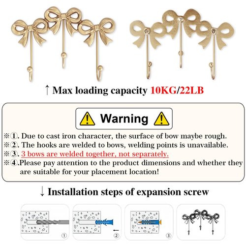 Small Bow Wall Hook,Gold Wall Mounted Functional Hooks,Antique Gold Cast Iron Hook for Coats,Bags, Bath Towels,Room Decorations,Girls Room,Bathroom,Office(Three-Bows Hooks:8.27x5.59 inches)