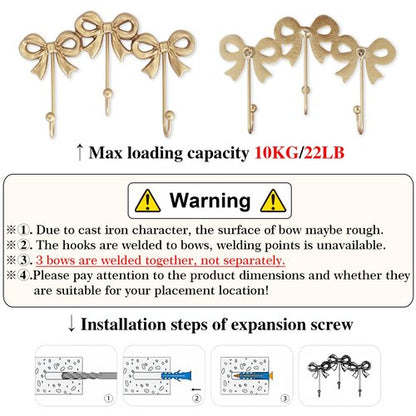 Small Bow Wall Hook,Gold Wall Mounted Functional Hooks,Antique Gold Cast Iron Hook for Coats,Bags, Bath Towels,Room Decorations,Girls Room,Bathroom,Office(Three-Bows Hooks:8.27x5.59 inches)