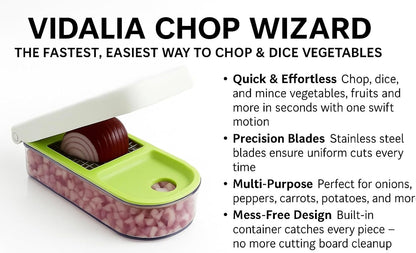Vidalia Chop Wizard - Vegetable & Fruit Chopper with 2-Cup Base | Stainless Steel Blades, Dishwasher Safe