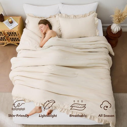 FUANNA Queen Comforter Set - Beige 3-Piece Ruffle Shabby Chic Bedding | Fluffy Lightweight All-Season Comforter & Pillowshams