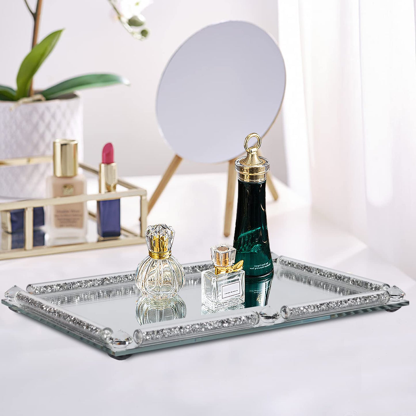 Mirror Crystal Perfume Tray,Crushed Diamond Filled Crystal Glass Vanity Tray,Jewelry Trinket Holder,Decorative Tray for Home,Party,Hotel Banquet