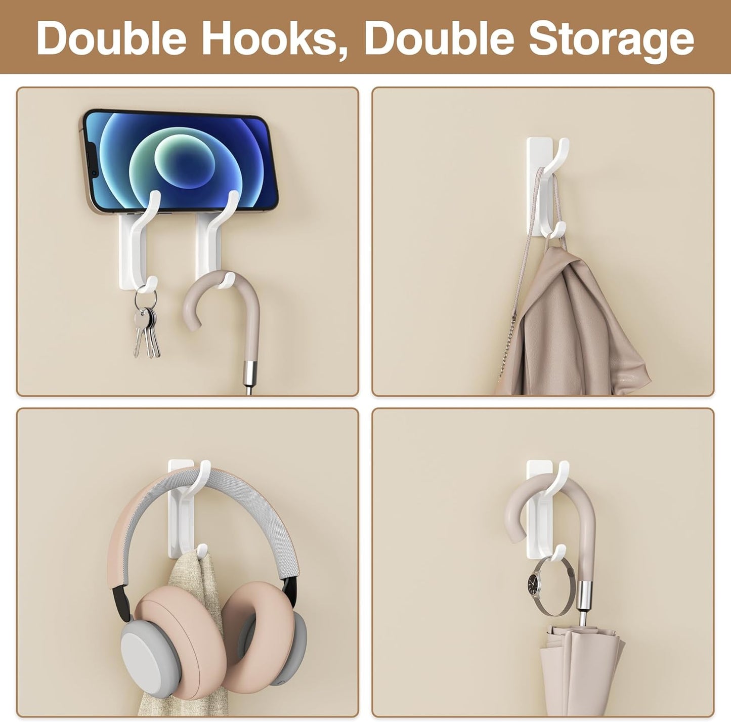 Pickpiff Adhesive Wall Coat Hooks - Heavy-Duty Stick-On Metal Hangers for Towels, Bags & Clothes | 10 Pack, White