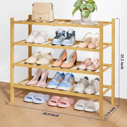 Kitsure Bamboo Wooden Shoe Rack for Closet - Stackable Shoe Organizer with Modular Structure, Space-Saving Shoe Shelf for Entryway, Living Room, Bedroom, 26.8" Wide - 4 Tiers, Natural