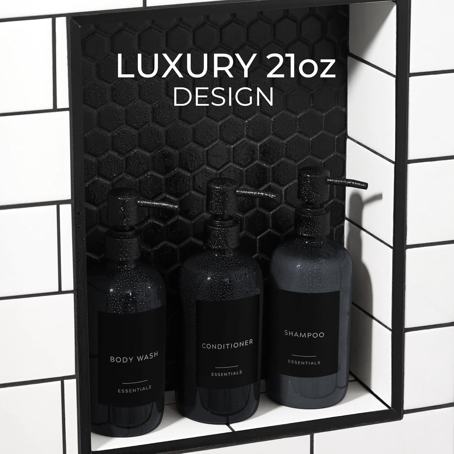 Stylish Shampoo and Conditioner Dispenser Set - Modern 21oz Black Shower Soap Bottles with Pump & Labels
