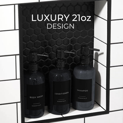Stylish Shampoo and Conditioner Dispenser Set - Modern 21oz Black Shower Soap Bottles with Pump & Labels