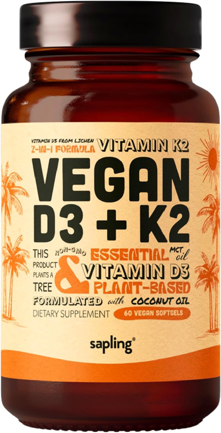 Sapling Vegan Vitamin D3 + K2 Supplement - 4000 IU Vitamin D & 100mcg K2 for Bone Health | 60 Softgels