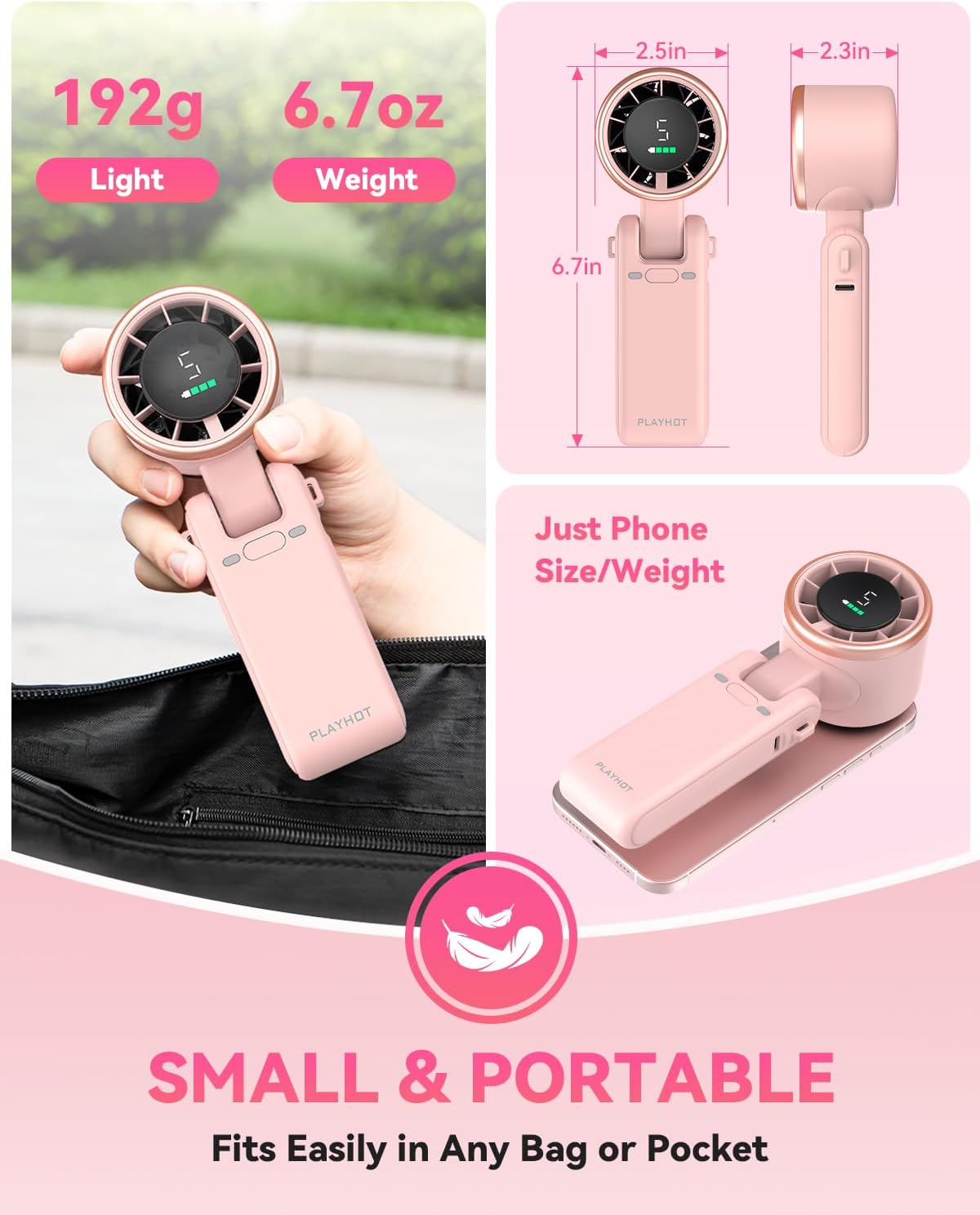 PlayHot Portable Handheld Turbo Fan - 5-Speed Rechargeable 5000mAh Battery | Lightweight 0.6lb 3-in-1 Fan (Pink)