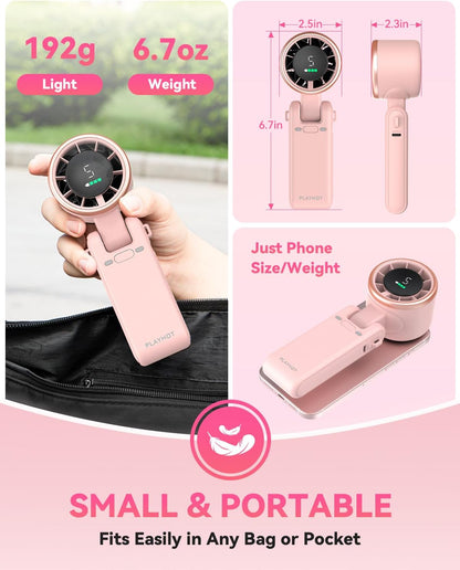 PlayHot Portable Handheld Turbo Fan - 5-Speed Rechargeable 5000mAh Battery | Lightweight 0.6lb 3-in-1 Fan (Pink)