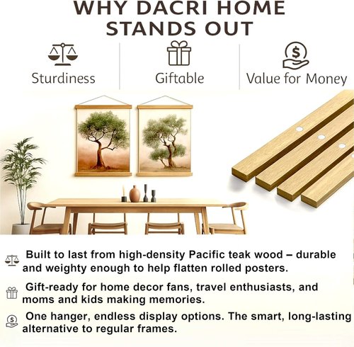 DACRI HOME Magnetic Poster Hanger Frame - Sturdy Teak Wood Design for 24x18, 24x30, 24x36 Prints