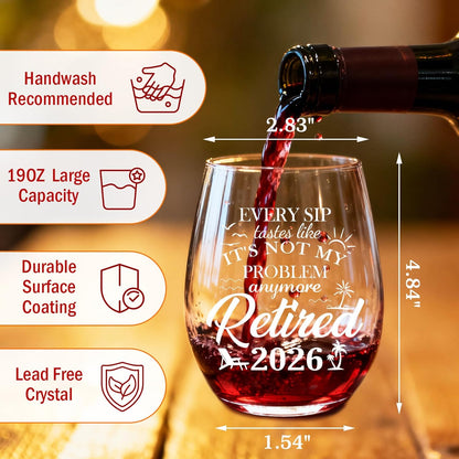 Retirement Gift for Woman & Men 2026 - Funny Retirement Gifts for Women with "Not My Problem Anymore", Farewell Goodbye Gifts for Coworkers, Boss, Friend, Teacher or Mom - 19OZ Stemless Wine Glass