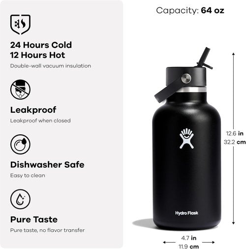Hydro Flask Water Bottle - Insulated Stainless Steel with Wide Mouth Flex Straw Lid | 64 Oz Nectar Orange