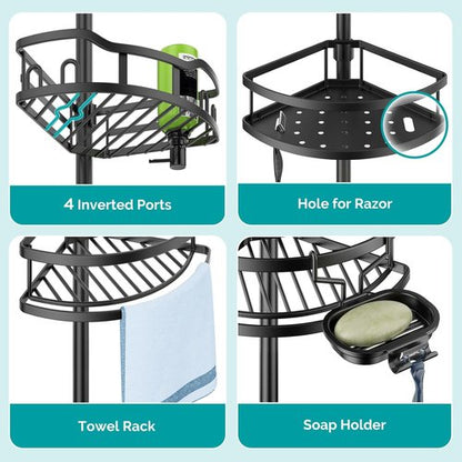 HAMITOR Corner Shower Caddy - Rustproof 4-Tier Bathroom Organizer for Shampoo & Soap - Adjustable 47-121 Inch Black Rack