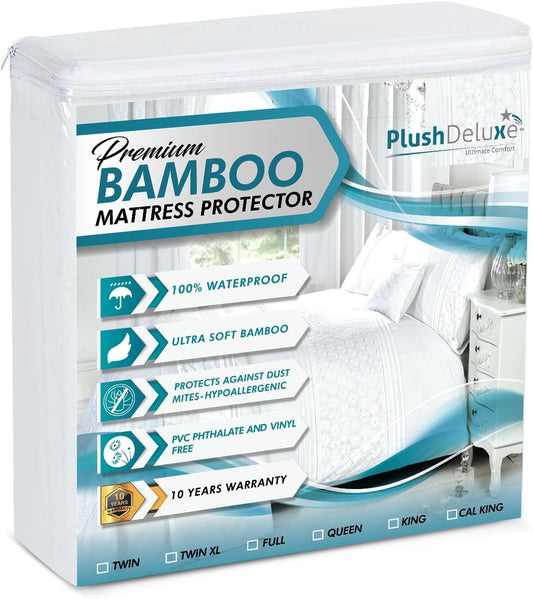 PlushDeluxe Premium Bamboo Mattress Protector - Waterproof, Ultra Soft & Breathable Twin Size Cover - White