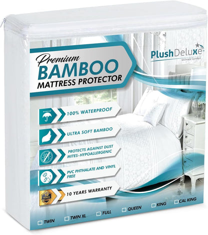 PlushDeluxe Premium Bamboo Mattress Protector - King Size, Waterproof & Ultra Soft Washable Cover - White