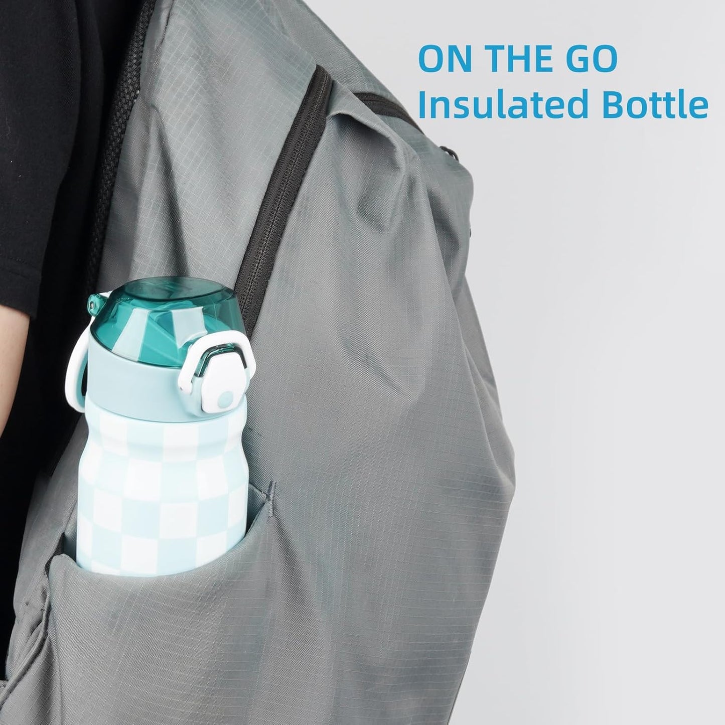 Skiennix Insulated Water Bottle - 18 oz Stainless Steel Flask with Straw & Carry Loop | Blue White Plaid
