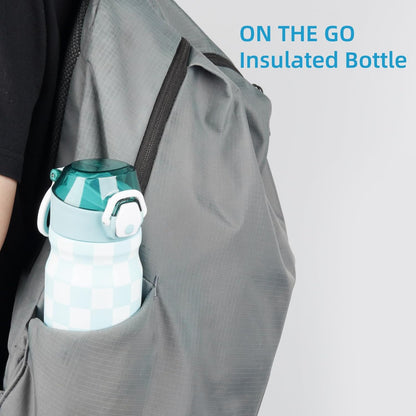 Skiennix Insulated Water Bottle - 18 oz Stainless Steel Flask with Straw & Carry Loop | Blue White Plaid