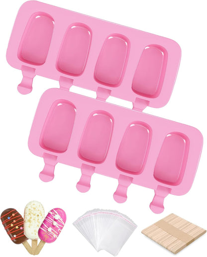 Ouddy Popsicle Molds - Silicone Ice Pop Maker Set with 4 Cavities & 50 Wooden Sticks | Pink