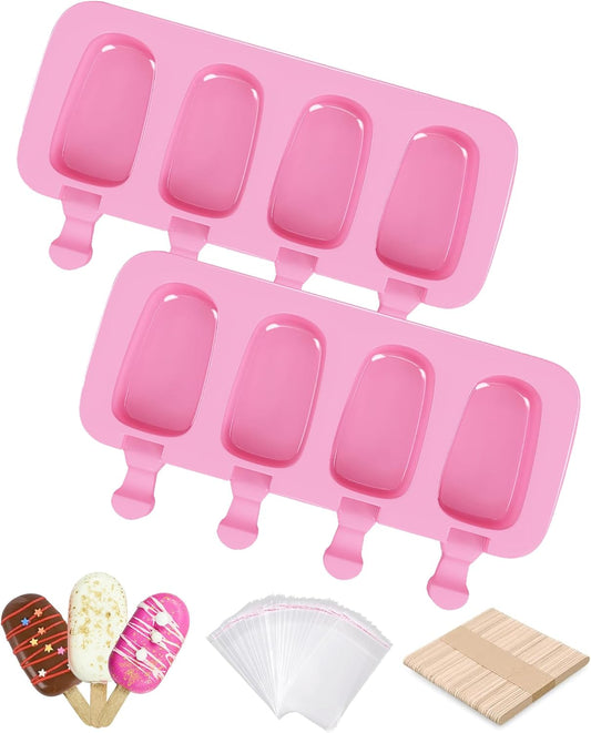 Ouddy Popsicle Molds - Silicone Ice Pop Maker Set with 4 Cavities & 50 Wooden Sticks | Pink