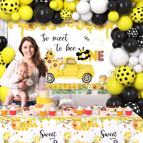 AIBIIN Bee 1st Birthday Party Supplies First Bee Day Decorations Tablecloth Set Bee Balloon Wreath Kit And Arch -1st Bee Birthday So Sweet To Bee One Banner Birthday Party For Boys Girls Photo Props